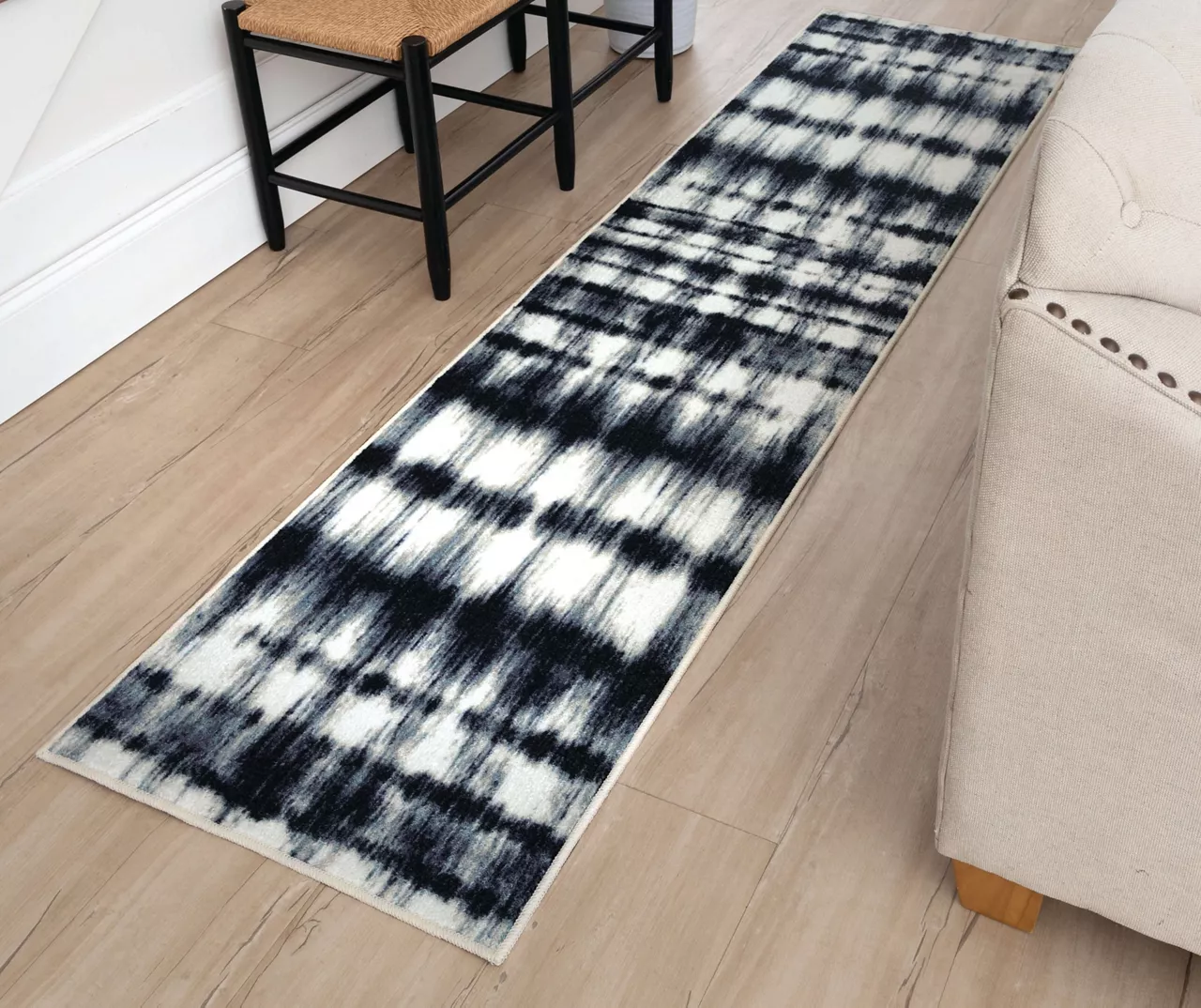 Renly Navy & White Abstract Tie-Dye Area Rug, (2' X 8') 6 Renly Navy & White Abstract Tie-Dye Area Rug, (2' X 8') - Image 6