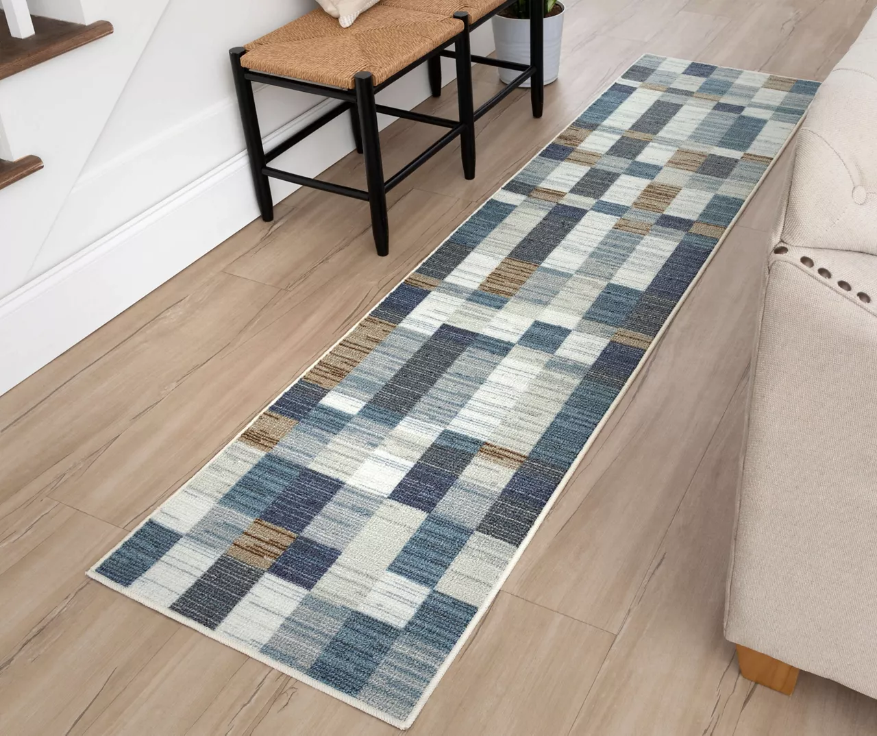 Avenue Blue & White Line Blocks Area Rug, (2' X 8') 5 Avenue Blue & White Line Blocks Area Rug, (2' X 8') - Image 5