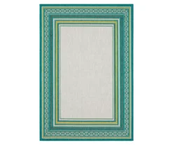 Panama Teal & White Geo-Bordered Outdoor Area Rug, (8' X 10')