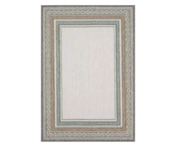 Panama Light Gray & Turquoise Geo-Bordered Outdoor Area Rug, (4' X 5.5')