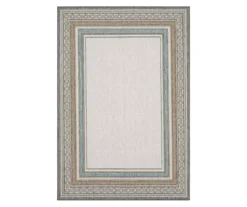 Panama Light Gray & Turquoise Geo-Bordered Outdoor Area Rug, (8' X 10')