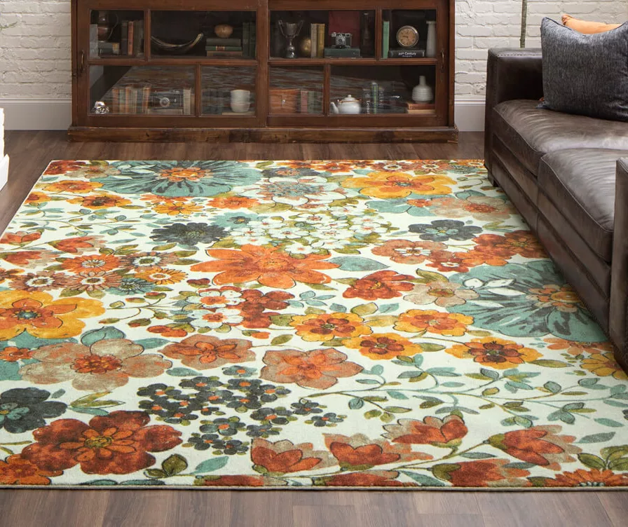 White, Green & Orange Blossoms Area Rug, (8' X 10') 8 White, Green & Orange Blossoms Area Rug, (8' X 10') - Image 8