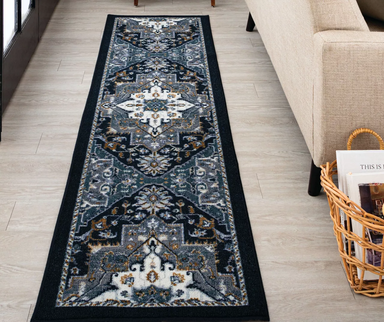 Tethys Navy & Charcoal Ornamental Area Rug, (2' X 8') 5 Tethys Navy & Charcoal Ornamental Area Rug, (2' X 8') - Image 5